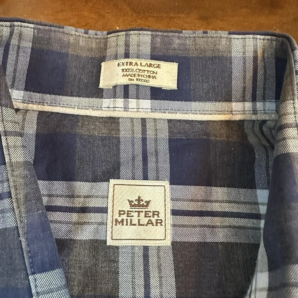 Peter Millar Shirt Mens XL Blue Gray‎ Plaid Button Down Long Sleeve Cotton